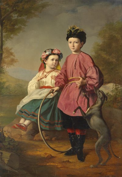 Siblings with Greyhound and Hoop by Unbekannt Unbekannt